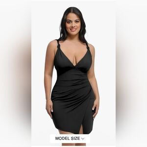 Popilush Women's Black Sculpting Side Slit Shapewear Tummy Control Mini Dress M